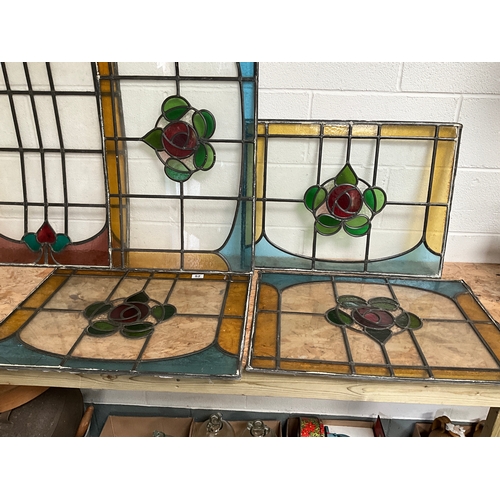 52 - 5 MATCHING LEADED STAINED,COLOURED GLASS WINDOWS 
47” x 23” ,34” x 20” (3) 26” x 20”