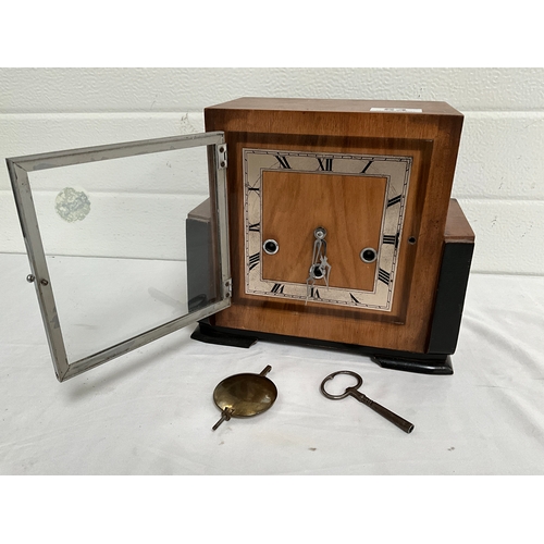 54 - ART DECO WALNUT WESTMINSTER CHIMES MANTLE CLOCK COMPLETE WITH KEY AND PENDULUM