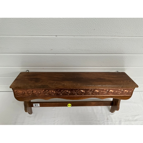 61 - OAK WALL SHELF WITH COPPER EMBOSSED ROSE DECORATION TO FRONT  H14” W24”D5.5”