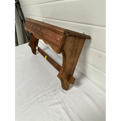 61 - OAK WALL SHELF WITH COPPER EMBOSSED ROSE DECORATION TO FRONT  H14” W24”D5.5”