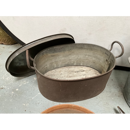 63 - VINTAGE GALVANISED TWIN HANDLED BIN,TWIN HANDLED COOKING POT WITH COVER,SIEVE AND SHEARS