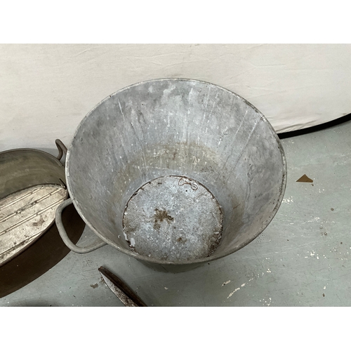 63 - VINTAGE GALVANISED TWIN HANDLED BIN,TWIN HANDLED COOKING POT WITH COVER,SIEVE AND SHEARS