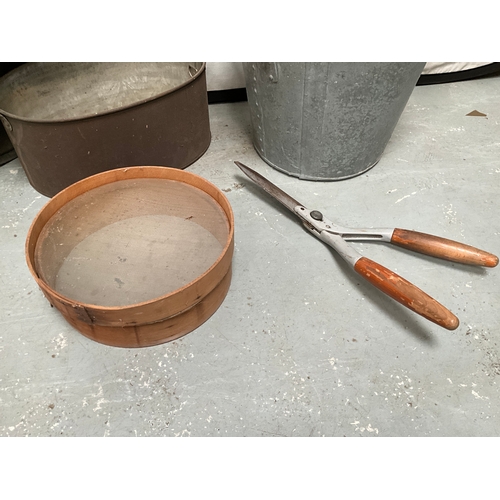 63 - VINTAGE GALVANISED TWIN HANDLED BIN,TWIN HANDLED COOKING POT WITH COVER,SIEVE AND SHEARS