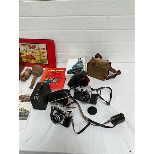 65 - BOX OF COLLECTABLES TO INCLUDE BINOCULARS,CAMERA'S, MICROSCOPE ETC