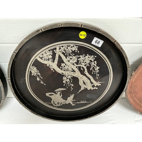 68 - PAIR OF LACQUERED AND INLAID VICTORIAN JAPANESE SERVING TRAYS DIA 22”/20”AND A HAND PAINTED METAL SE... 