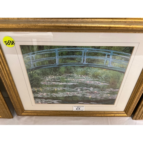 62 - 5 FRAMED PRINTS TO INCLUDE 3 MONET'S