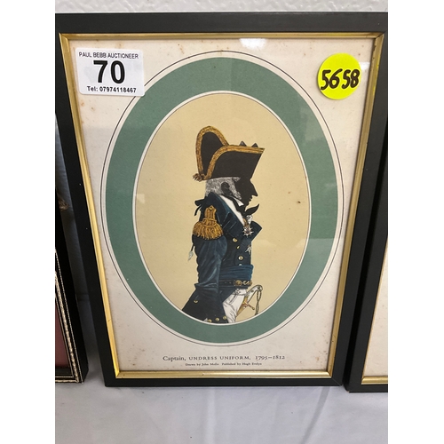 70 - PAIR OF FRAMED NAVAL DRESS PRINTS 8” x 11” AND A PAIR OF ENGRAVINGS 12” x 10”