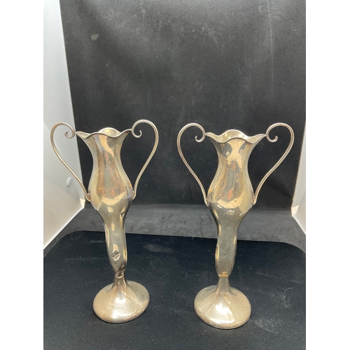 249 - HALLMARK SILVER TWIN HANDLED POSY VASES H8”