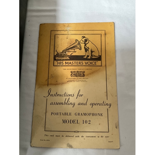 1 - VINTAGE HMV WIND UP GRAMOPHONE MODEL 102 COMPLETE WITH WINDER ORIGINAL INSTRUCTION AND IN WORKING OR... 