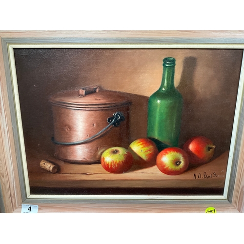 4 - FRAMED STILL LIFE OILS ON CANVAS SIGNED M,A,BIRD 90    23” x 19”