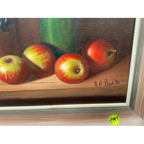 4 - FRAMED STILL LIFE OILS ON CANVAS SIGNED M,A,BIRD 90    23” x 19”