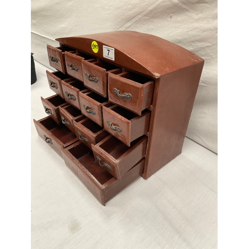 7 - MINIATURE BANK OF DRAWERS WITH DOME TOP (14 DRAWERS) H12” W15” D7”