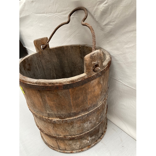 13 - VINTAGE IRON BANDED OAK BUCKET WITH IRON HANDLED A/F 
H14” DIA13”