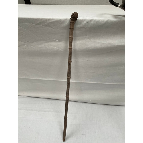 16 - VINTAGE SHOOTING STICK,VICTORIAN OAK BELLOWS AND INTRESTING BAMBOO CANE WITH CARVED TOP