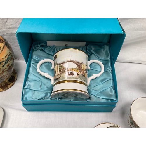 20 - BOX OF CHINA TO INCLUDE 16PCE BONE CHINA TEASET,COALPORT BOXED IRONBRIDGE TANKARD ,ROYAL ALBERT COUN... 