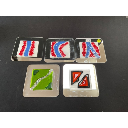 23 - 5 ART GLASS TILES MOUNTED ON MIRRORS 8” x 8”