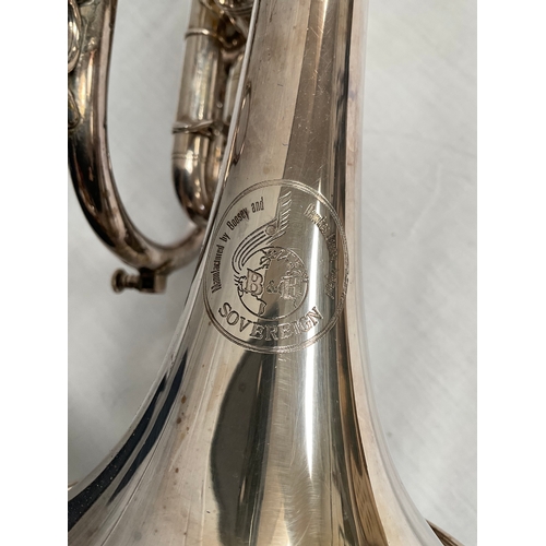 25 - BOOSEY AND HAWKES LONDON CORNET IN CASE WITH 2 MOUTH PIECES AND MUSIC STAND