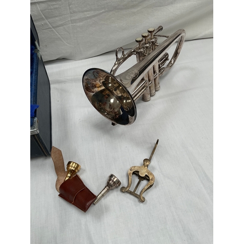 25 - BOOSEY AND HAWKES LONDON CORNET IN CASE WITH 2 MOUTH PIECES AND MUSIC STAND