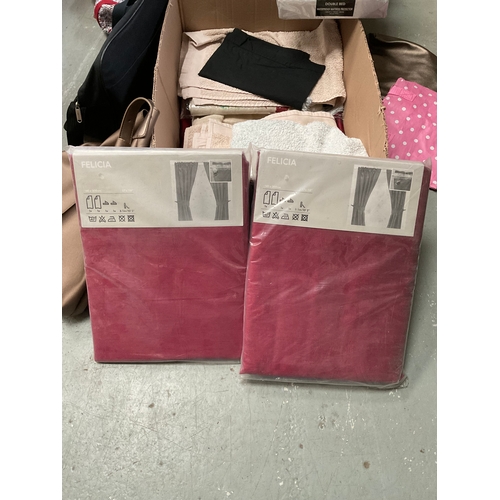 28 - 2 BOXES OF CURTAINS,TOWELS ,BAGS ETC