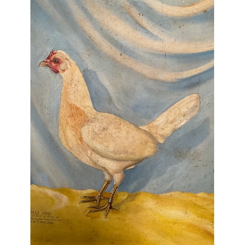 32 - FRAMED OILS ON BOARD “PYLE HEN” SIGNED TO CORNER 17” x 21”