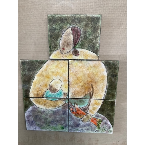 33 - MODERN FRAMED TILE PICTURE DEPICTING MOTHER AND CHILD 19” x 21”