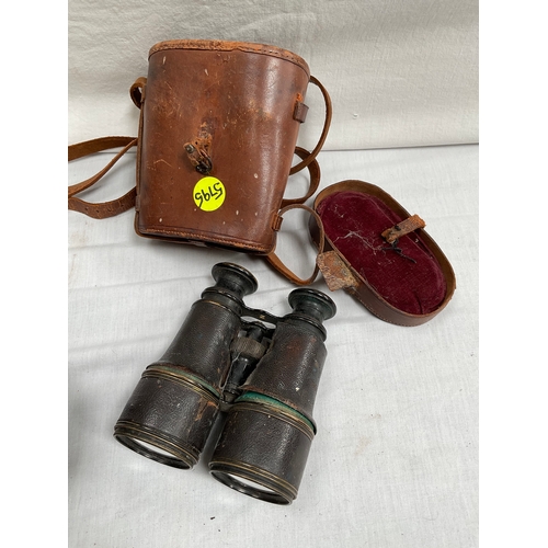 37 - VINTAGE BOWLS IN LEATHER CASE WITH BRASS PLAQUE AND FIELD GLASSES IN CASE