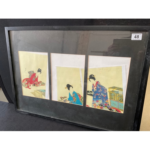 48 - FRAMED TRIPLE CHINESE PICTURE 28” x 21” FRAMED CHINESE FAN PICTURE DECORATED WITH BIRDS AND FOILAGE ... 