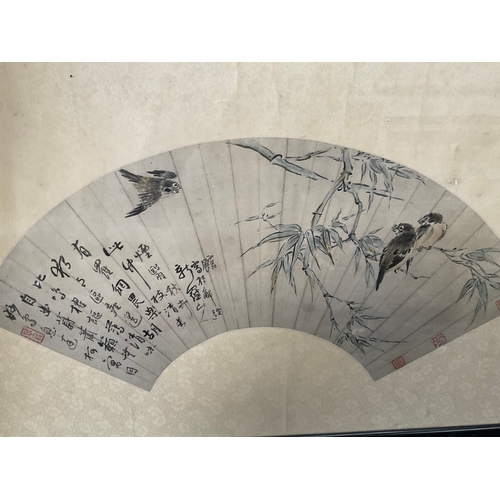 48 - FRAMED TRIPLE CHINESE PICTURE 28” x 21” FRAMED CHINESE FAN PICTURE DECORATED WITH BIRDS AND FOILAGE ... 