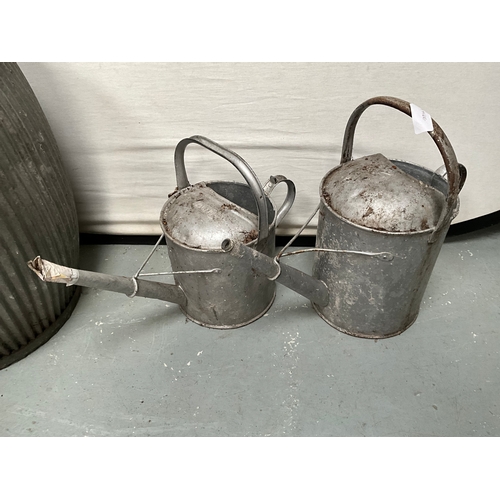 56 - VINTAGE GALVANISED DOLLY TUB AND 2 WATERING CANS