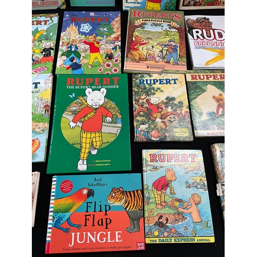 63 - COLLECTION OF VINTAGE RUPERT THE BEAR BOOKS AND 2 BOXED LORRIES