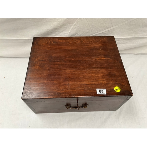 65 - VINTAGE OAK BOX WITH FITTED INTERIOR AND KEY H9” W18” D14”