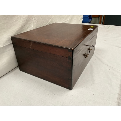 65 - VINTAGE OAK BOX WITH FITTED INTERIOR AND KEY H9” W18” D14”