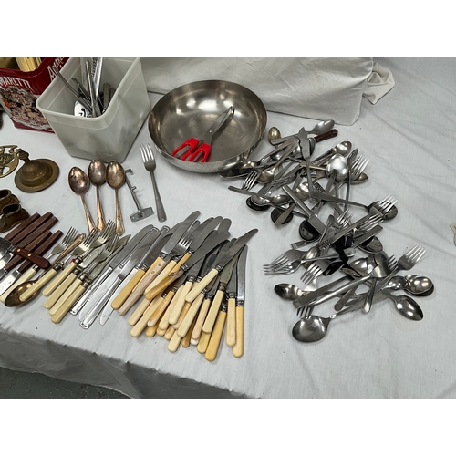 73 - 2 BOXES OF CUTLERY AND METALWARE ,CARVING SET ETC