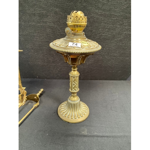 74 - VICTORIAN BRASS OIL LAMP BASE AND BRASS COMPANION SET