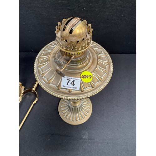 74 - VICTORIAN BRASS OIL LAMP BASE AND BRASS COMPANION SET