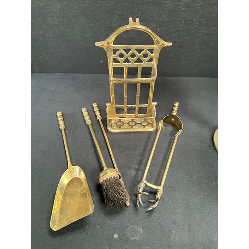 74 - VICTORIAN BRASS OIL LAMP BASE AND BRASS COMPANION SET