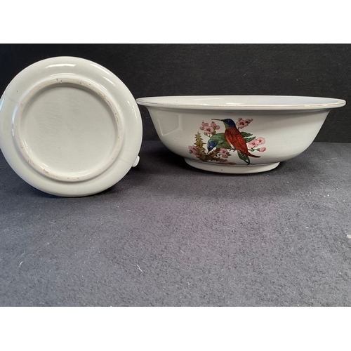 79 - EDWARDIAN CHINA WASH JUG AND BOWL DECORATED WITH HUMMING BIRDS