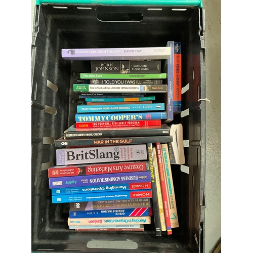 83 - 2 CRATES AND A BOX OF BOOKS TO INCLUDE AUTOBIOGRAPHYS,BUSINESS,COOKERY ETC