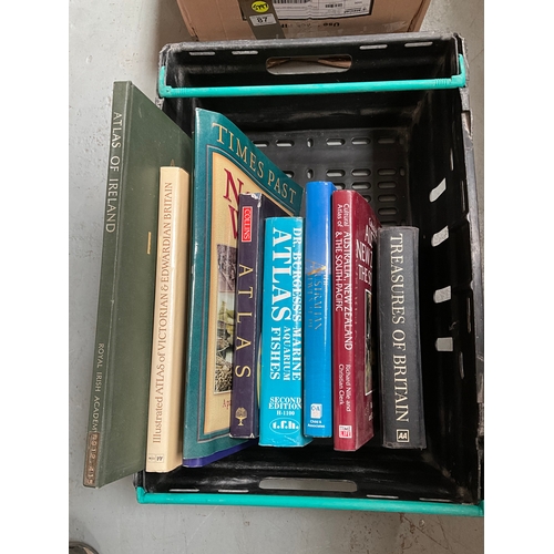 87 - CRATE AND BOX OF BOOKS TO INCLUDE ATLASES,FISHING ETC