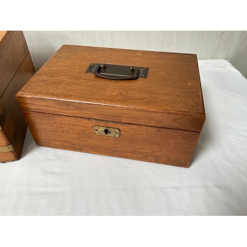 90 - VICTORIAN BRASS BOUND FITTED WRITING BOX AND VINTAGE OAK JEWELLERY BOX