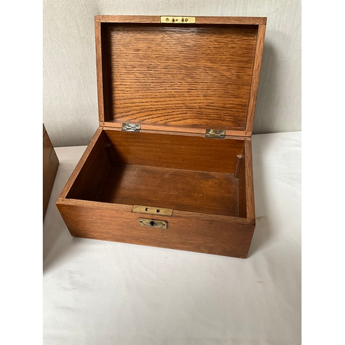 90 - VICTORIAN BRASS BOUND FITTED WRITING BOX AND VINTAGE OAK JEWELLERY BOX