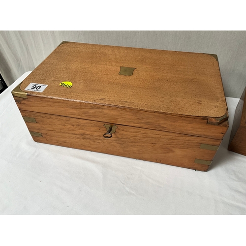 90 - VICTORIAN BRASS BOUND FITTED WRITING BOX AND VINTAGE OAK JEWELLERY BOX