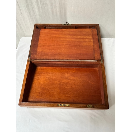 90 - VICTORIAN BRASS BOUND FITTED WRITING BOX AND VINTAGE OAK JEWELLERY BOX