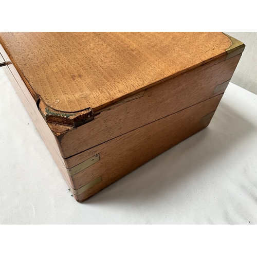 90 - VICTORIAN BRASS BOUND FITTED WRITING BOX AND VINTAGE OAK JEWELLERY BOX