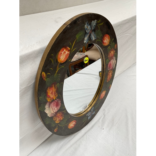 108 - BARGEWARE STYLE PAINTED OVAL MIRROR DECORATED WITH FLOWERS 
23” x 19”