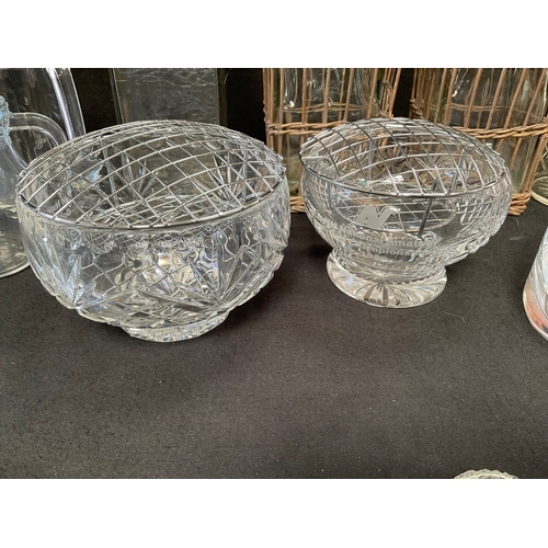 115 - 2 BOXES OF GLASSWARE TO INCLUDE PYREX DISHES,FRUIT SET,VASES,WATER JUGS,ROYAL DOULTON RED OVERLAY BE... 