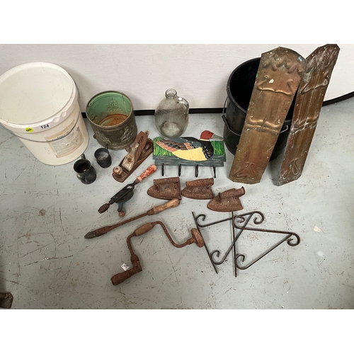 124 - 2 BUCKET OF HARDWARE TO INCLUDE PAIR OF BRASS ART NOVEAU DOOR PLATES ,FLAT IRONS ETC