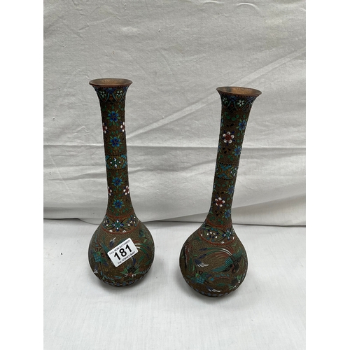 181 - PAIR VICTORIAN CLOISONNÉ TALL SPILL VASES H12”