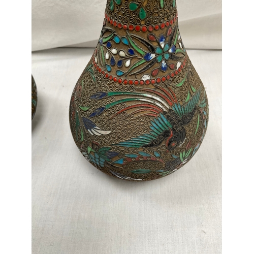 181 - PAIR VICTORIAN CLOISONNÉ TALL SPILL VASES H12”