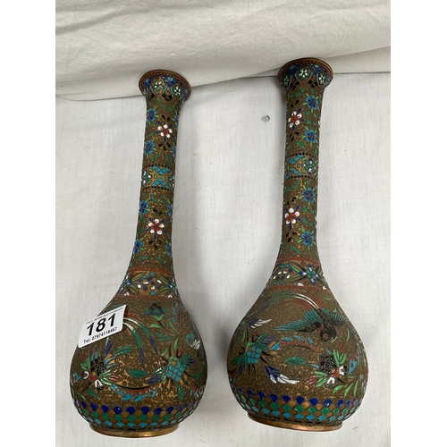 181 - PAIR VICTORIAN CLOISONNÉ TALL SPILL VASES H12”